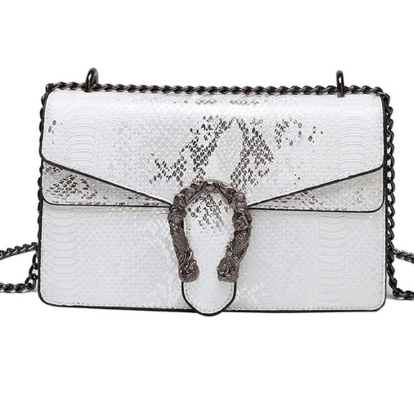 Handbags - Snake Print Silver & White Chain Strap   Bag